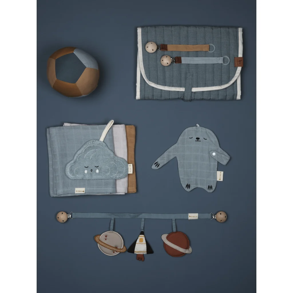 A display of blue Fabelab sustainable baby products